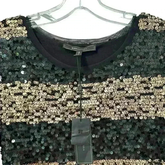 BCBGMAXAZRIA NWT Marta Black Gold Dress Size L Allover Sequin Striped Sheath - Picture 6 of 11